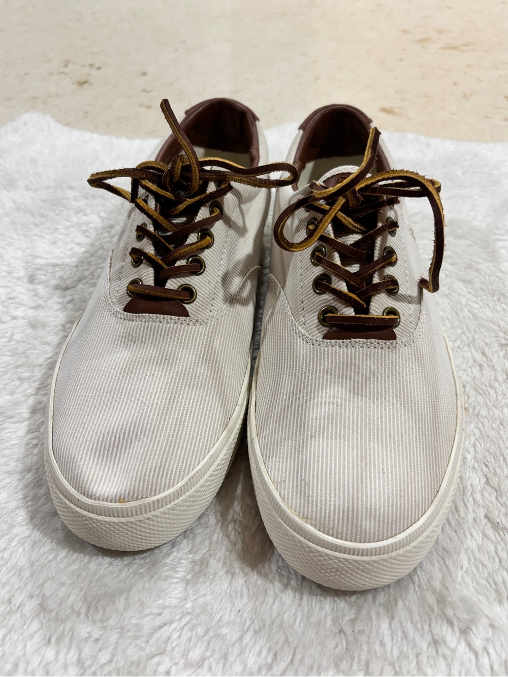 Ralph Lauren Off-White Canvas Sneakers with Brown Trim
